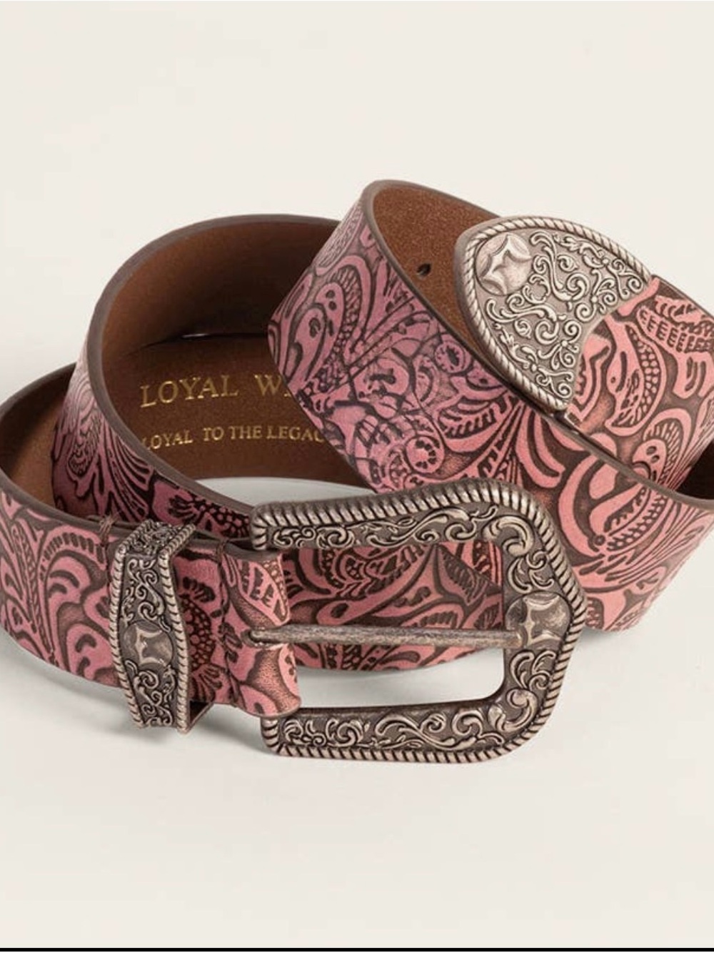 Loyal Workshop Pink Paisley Tooled Leather Belt with Silver Buckle
